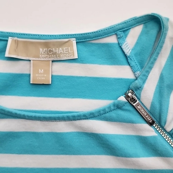Michael Michael Kors Blue White Striped Ruched Zippers Neck Cotton Top Sz Medium - Picture 6 of 11